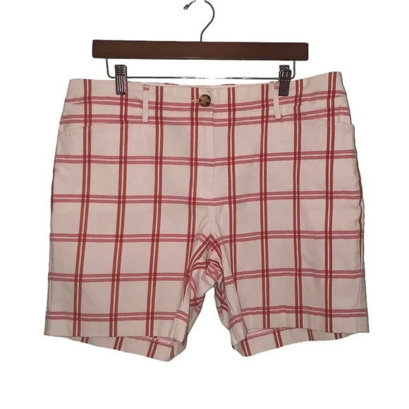 Lands' END Sz 14 Women's Mid-Rise Red White Plaid Cotton Spandex Pockets Shorts - Picture 4 of 5
